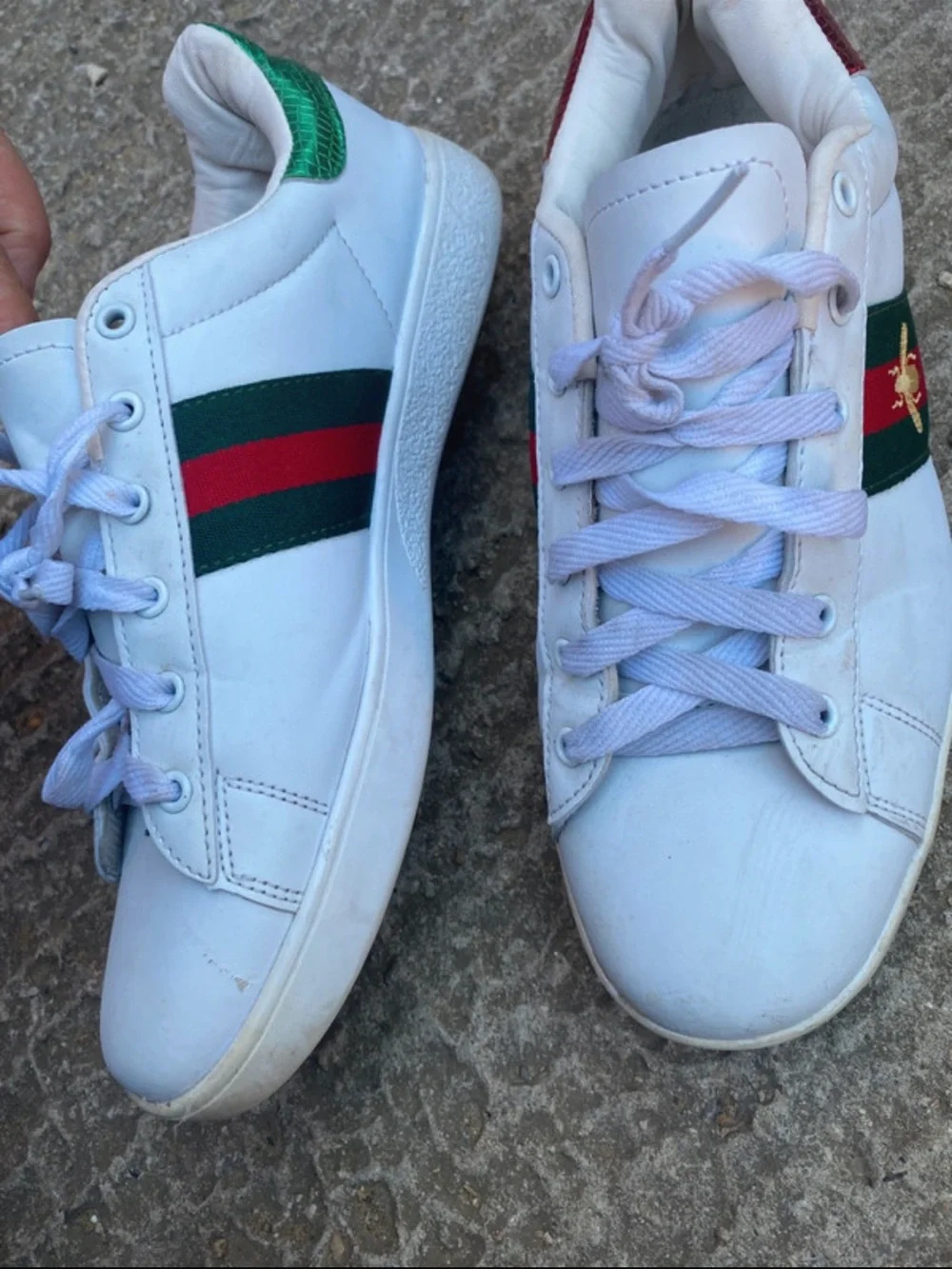 Gucci White Mans Sneakers with Red & Green Stripe and Gold Bee